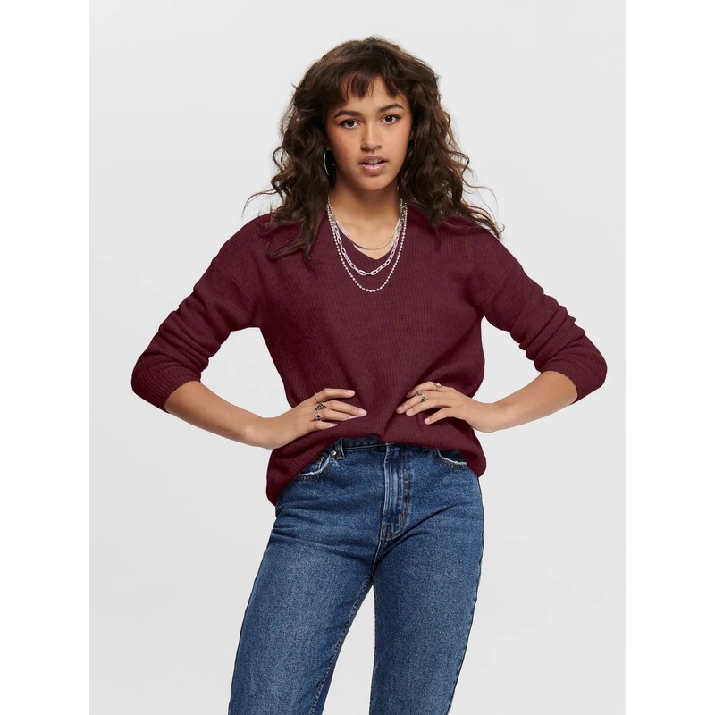 Only Onlcamilla V-Neck L/S Pullover Knt Noos Kadın Kazak 15204588 (15204588) Bordo