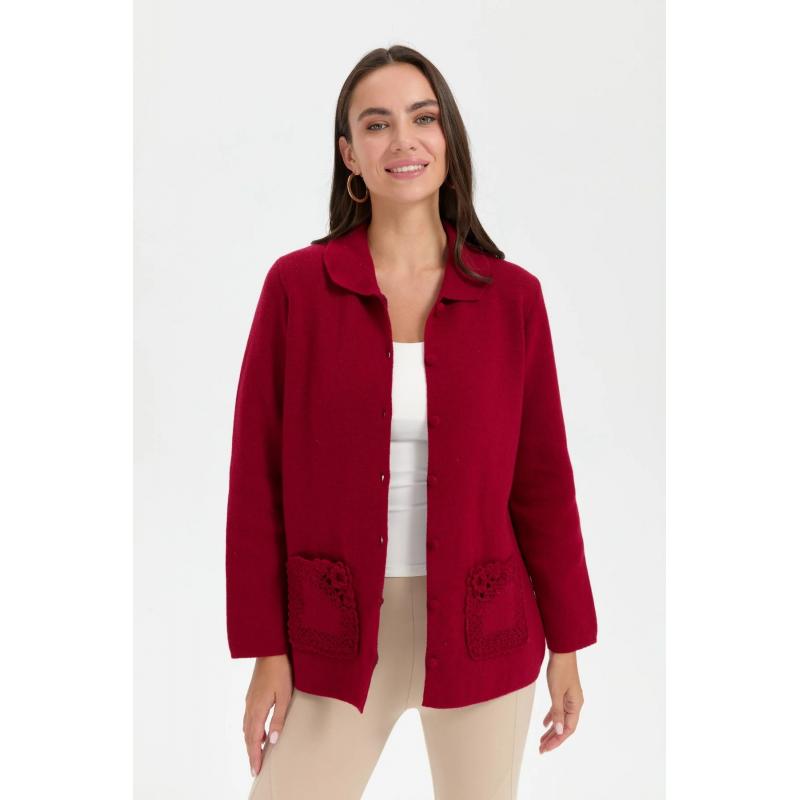 Desen Triko Cebi Gül Tığlamalı Polo Yaka Düğmeli Kısa Kadın Hırka 24015 (24015) Desen Triko Cebi Gül Tığlamalı Polo Yaka Düğmeli Kısa Kadın Hırka 24015 (24015)