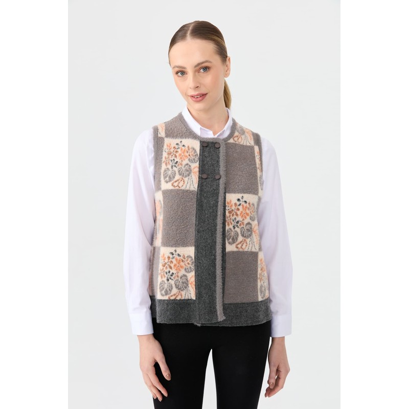 Desen Triko Sıfır Yaka Patchwork Arkası Keçe Kısa Kadın Yün Yelek 24074 (24074) Füme