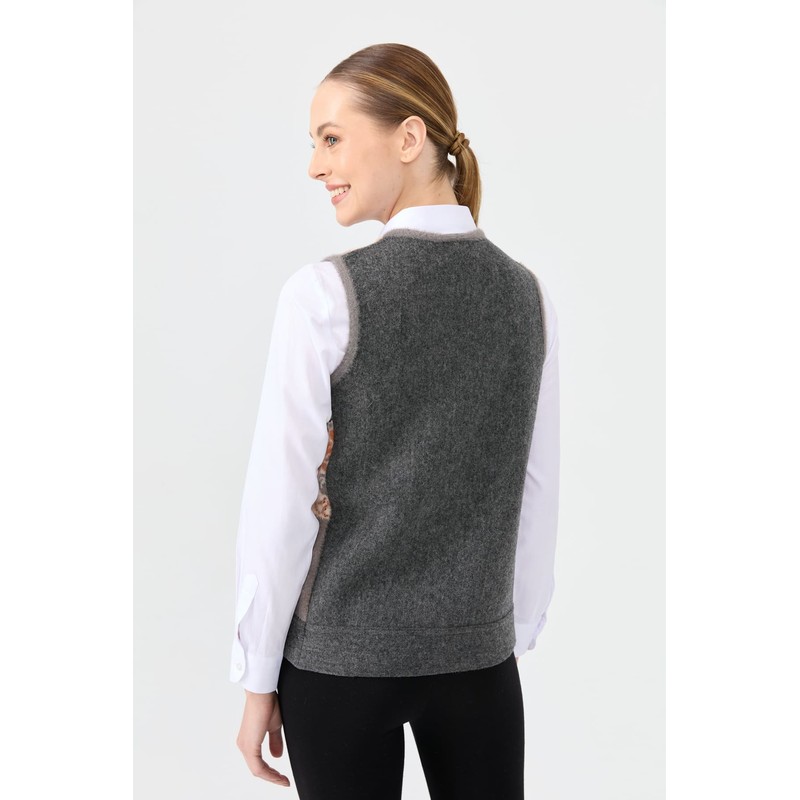 Desen Triko Sıfır Yaka Patchwork Arkası Keçe Kısa Kadın Yün Yelek 24074 (24074) Desen Triko Sıfır Yaka Patchwork Arkası Keçe Kısa Kadın Yün Yelek 24074 (24074)