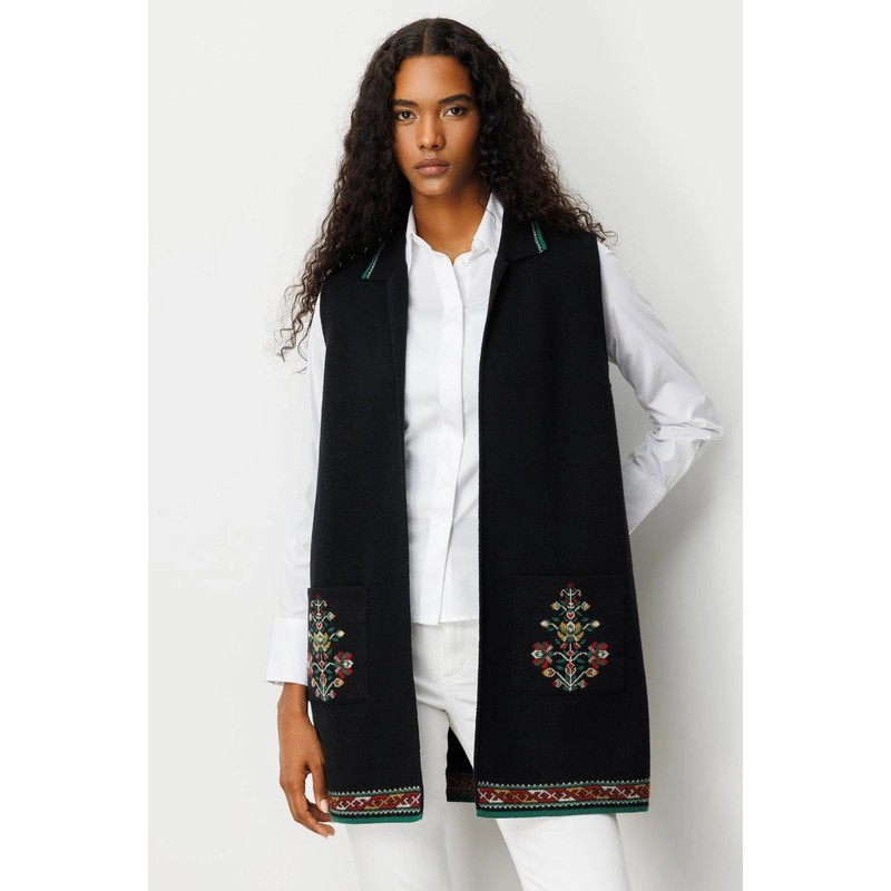 Desen Triko Polo Yaka Etek Ucu Kilim Desenli Uzun Kadın Yün Yelek 25055 (25055) Siyah