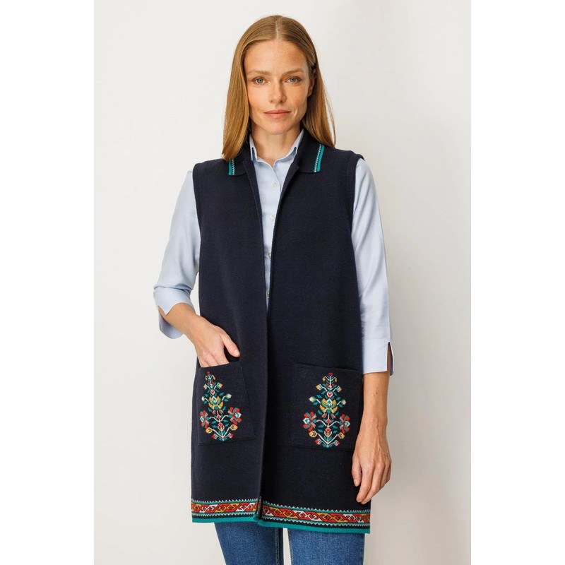 Desen Triko Polo Yaka Etek Ucu Kilim Desenli Uzun Kadın Yün Yelek 25055 (25055) Lacivert