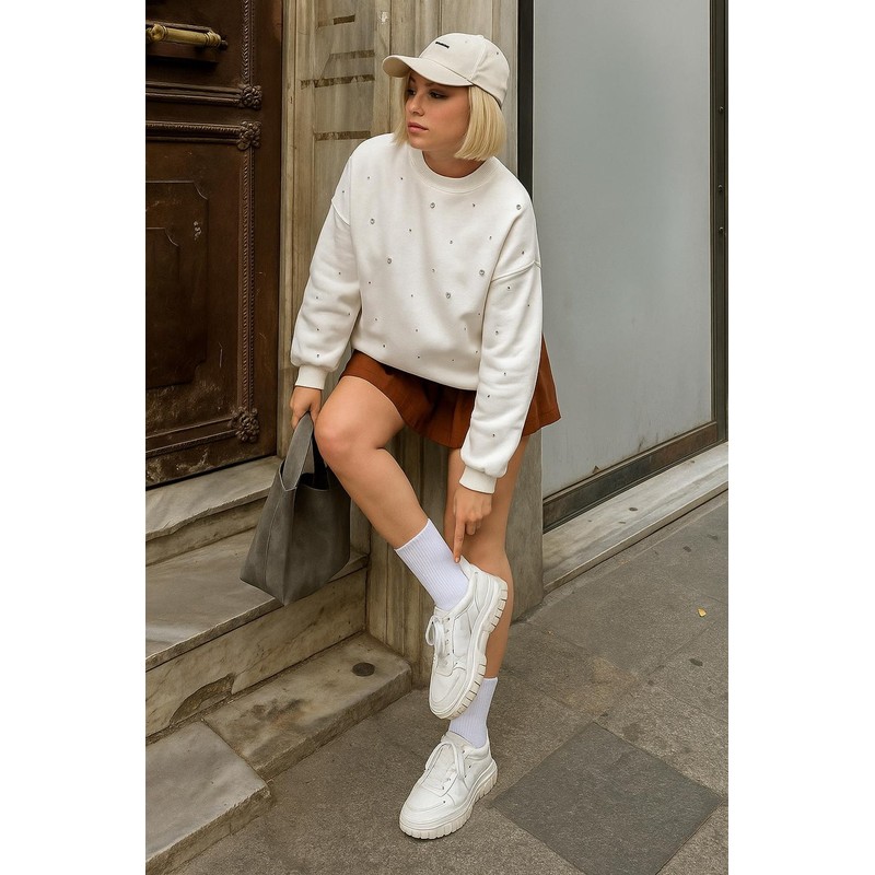 Fashion Friends Taşlı Kadın Sweatshirt 25K0099K1 (25K0099K1) Ekru