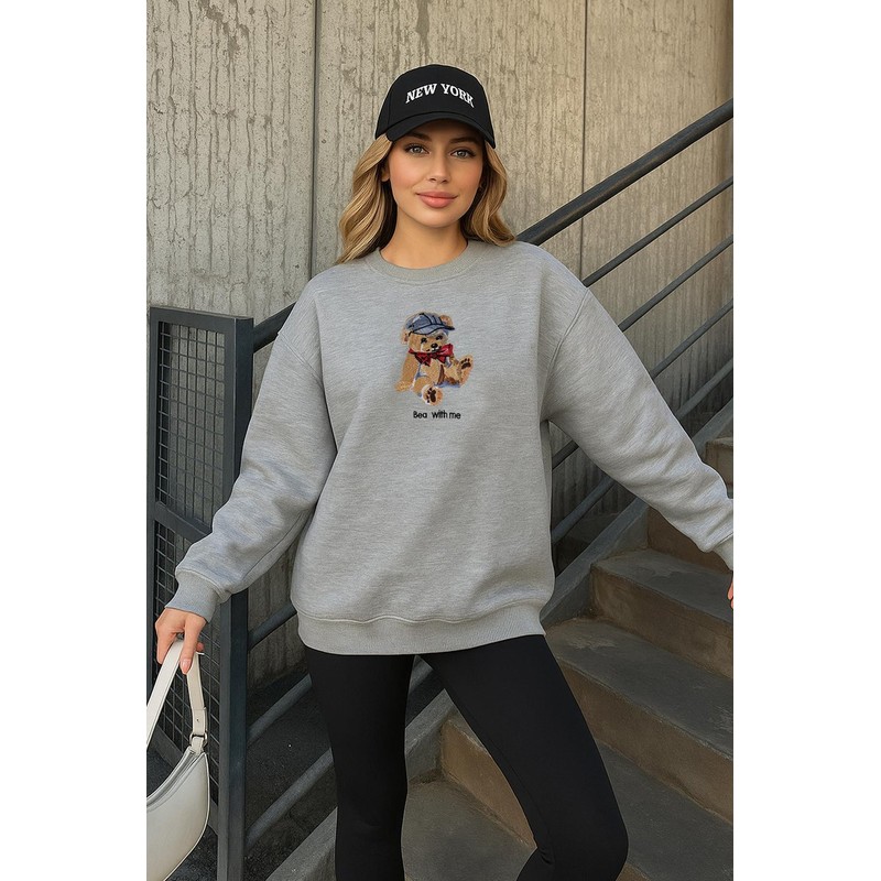 Fashion Friends Nakışlı Kadın Oversize Sweatshirt 25K0244K1 (25K0244K1) Gri