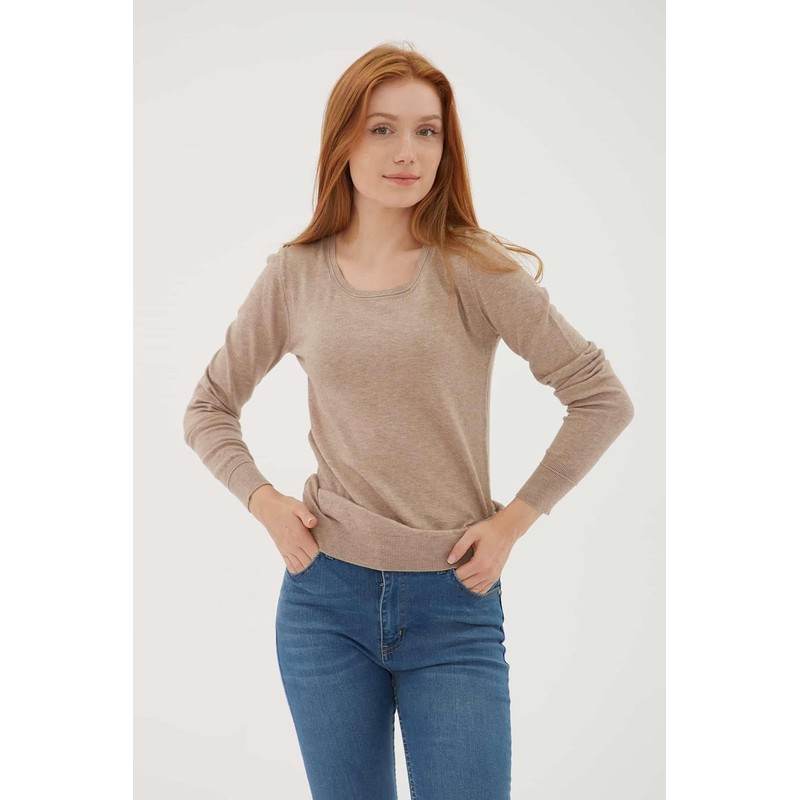 Fashion Friends Kadın U Yaka Kazak 25K0779K1 (25K0779K1) Vizon