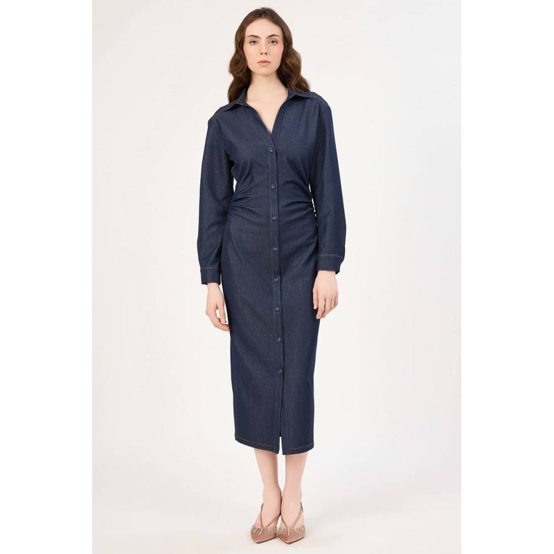 Fever Yanlar Büzgülü Kadın Denim Elbise 352116033 (352116033) Lacivert