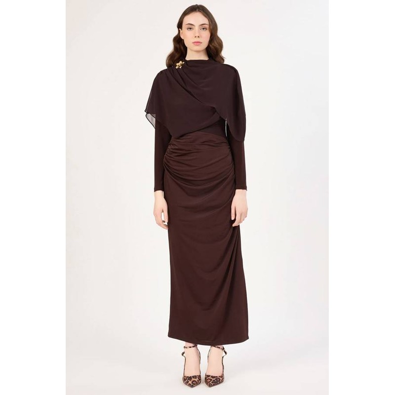 Fever Drape Detaylı Broş Aksesuarlı Kadın Elbise 352116037 (352116037) Kahve