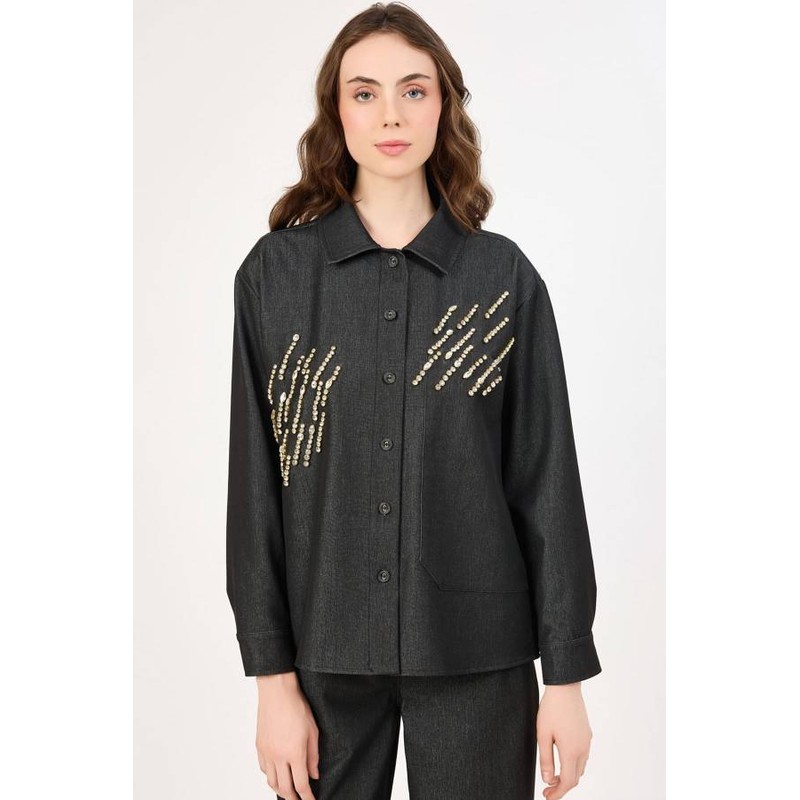 Fever Taş İşlemeli Kadın Jean Gömlek 352117008 (352117008) Siyah