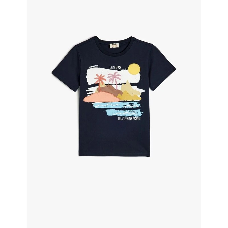 Koton Bisiklet Yaka Baskı Detaylı Pamuklu Erkek Çocuk T-shirt 5SKB10151TK (5SKB10151TK) Lacivert