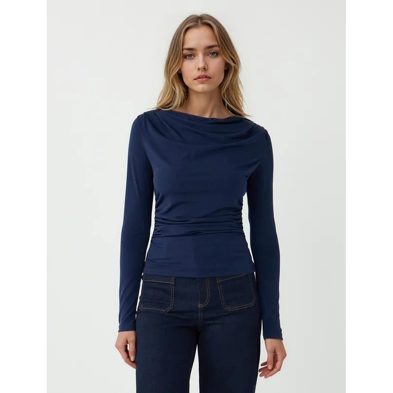 Jimmy Key Dar Kesim Uzun Kollu Degaje Yaka Kadın Bluz (5WW035632) Lacivert