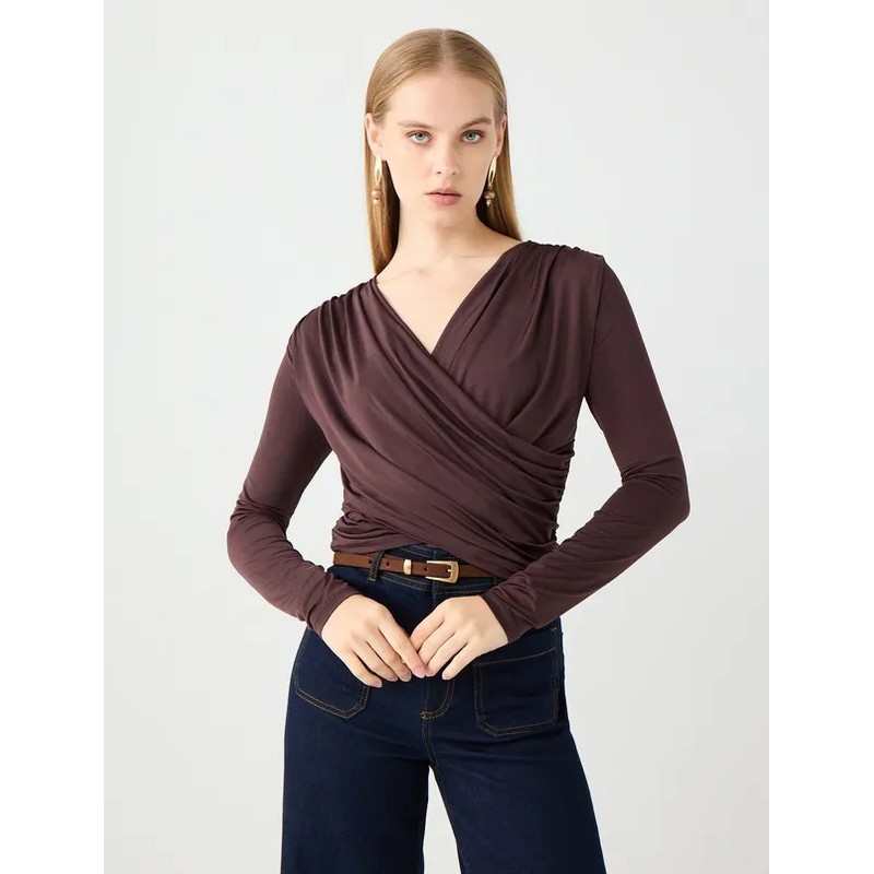 Jimmy Key Dar Kesim Uzun Kollu Çapraz Yaka Kadın Bluz (5WW035878) Kahve