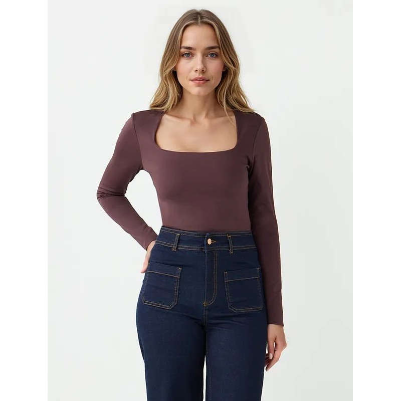 Jimmy Key Dar Kesim Kare Yaka Kadın Bluz (5WW035899) Kahve