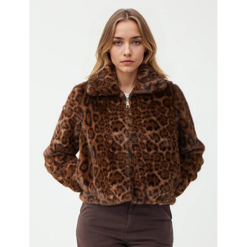 Jimmy Key Leopar Desenli Cep Detaylı Kadın Peluş Mont (5WW053695) Kahverengi