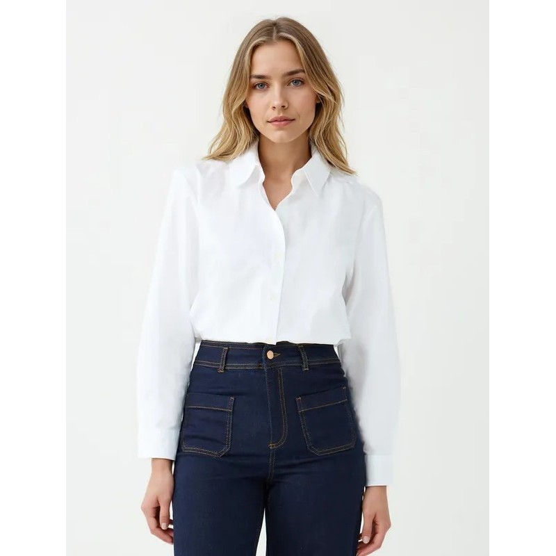 Jimmy Key %100 Pamuk Düz Kesim Uzun Kollu Kadın Gömlek (5WW085336) Beyaz