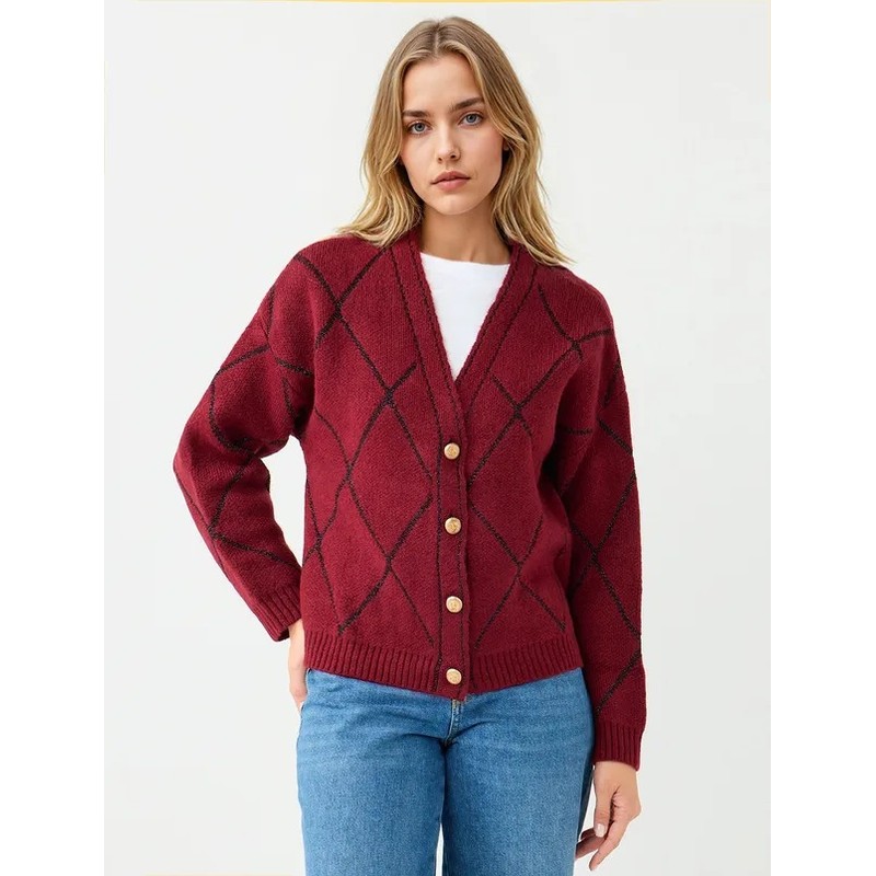 Jimmy Key V Yaka Baklava Desenli Kadın Triko Hırka (5WW104368) Bordo