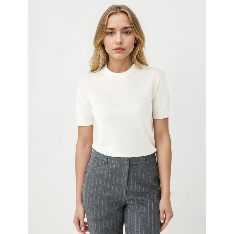 Jimmy Key Yuvarlak Yaka Kısa Kollu Yün Karışımlı Kadın Triko Kazak (5WW134090) Ekru