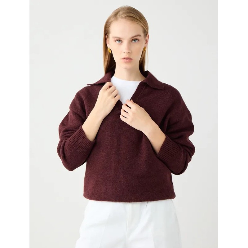 Jimmy Key V Yaka Kadın Triko Kazak (5WW135621) Bordo