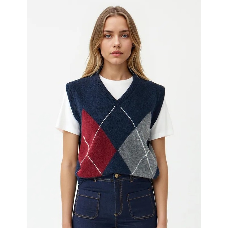 Jimmy Key V Yaka Baklava Desenli Triko Kadın Süveter (5WW225629) Lacivert