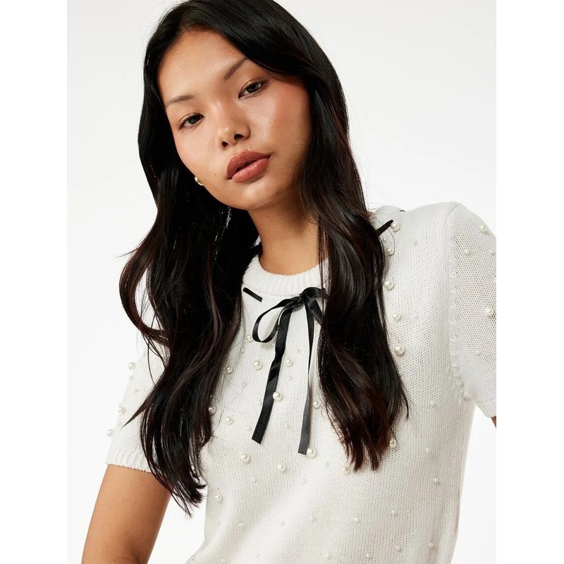 Koton İnci Detaylı Fiyonklu Kısa Kollu Bisiklet Yaka Kadın Triko Kazak 6WAL90054HT (6WAL90054HT) Ekru