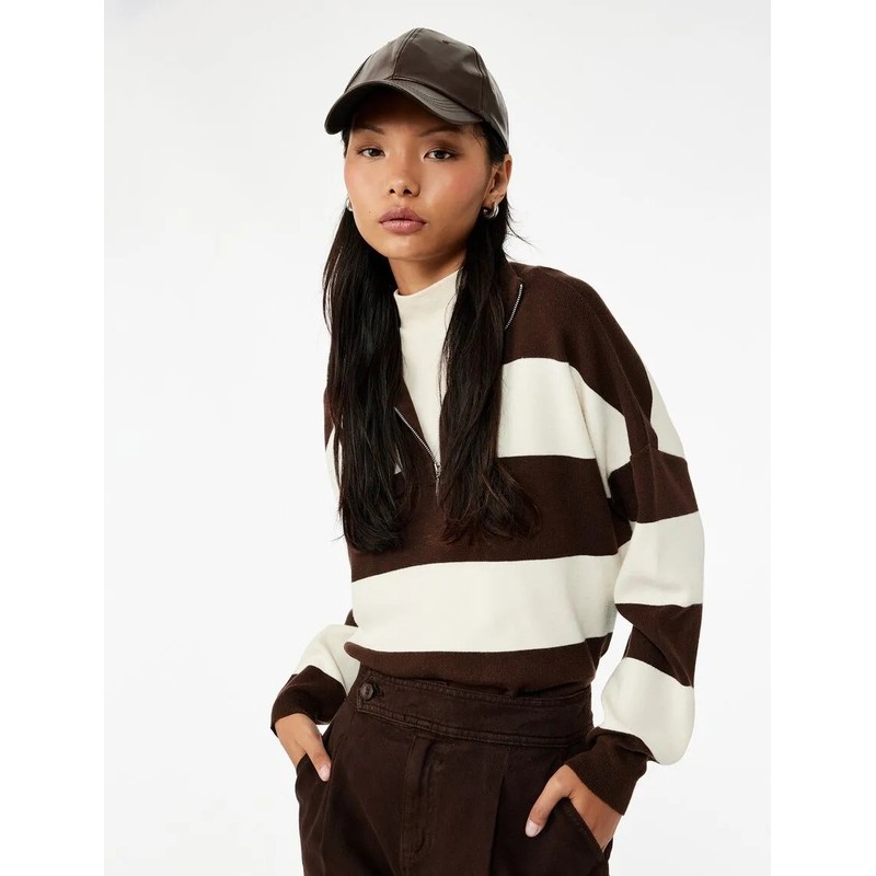 Koton Viskon Karışımlı Renk Bloklu Kadın Triko Kazak 6WAL90068HT (6WAL90068HT) Kahverengi