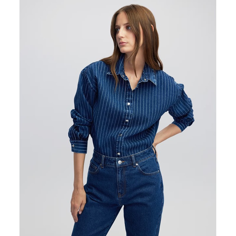 İpekyol Çizgili Denim Kadın Gömlek (IW6250025100) A.MAVİ