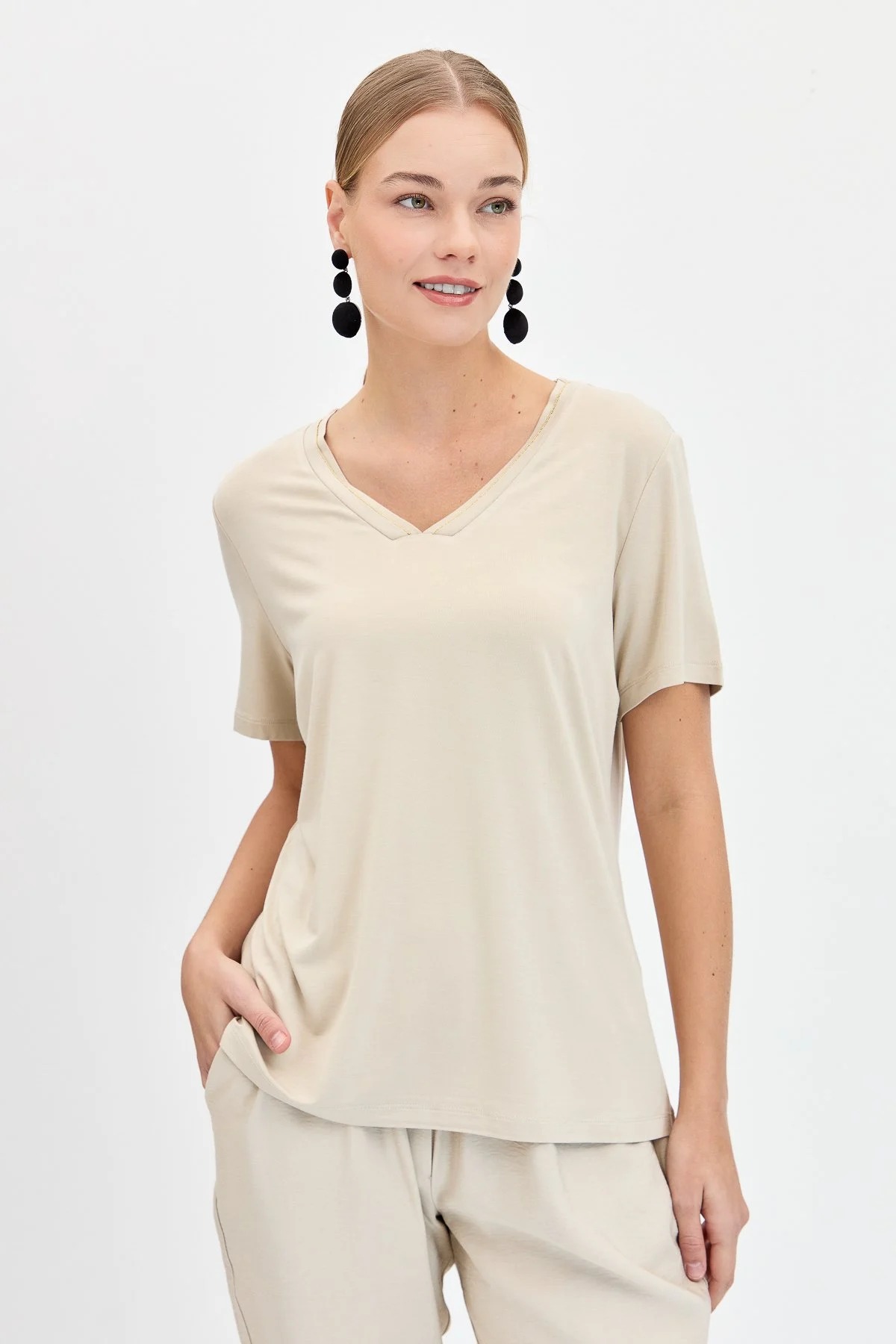 Desen Triko Kadın T-shirt (KMY24039) Vizon