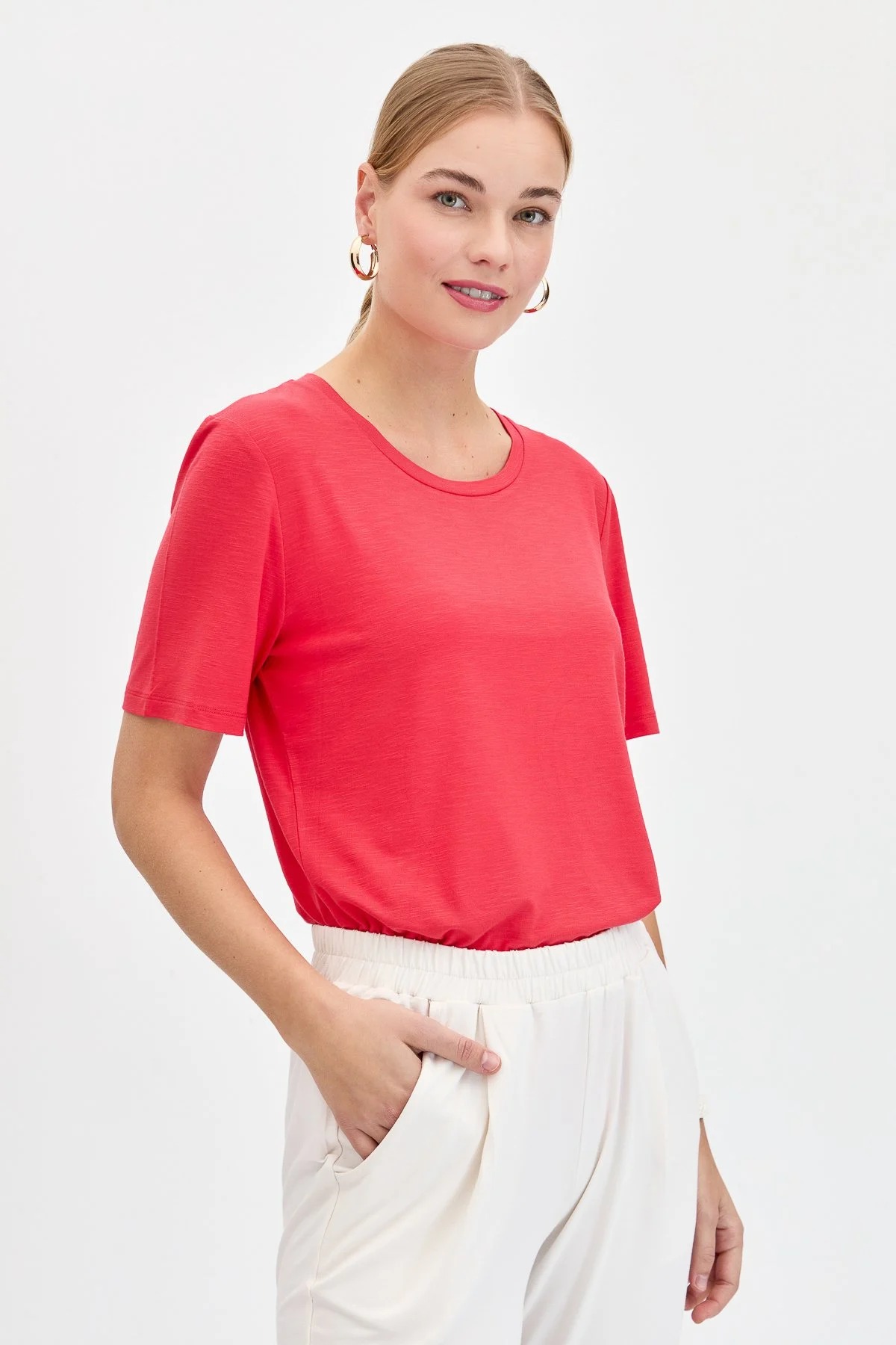 Desen Triko Kadın T-shirt (KMY24084) Mercan