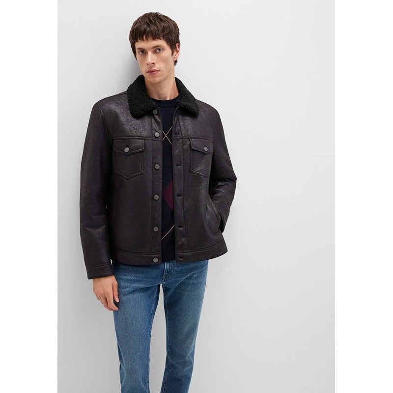 Mavi Suni Kürk Detaylı Erkek Suni Deri Ceket (M0110460-71379) Siyah