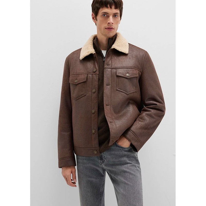 Mavi Suni Kürk Detaylı Erkek Suni Deri Ceket (M0110460-71603) Kahverengi