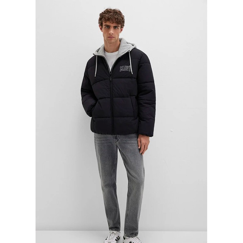 Mavi Logo Baskılı Kapüşonlu Erkek Şişme Mont (M0110662-71379) Siyah