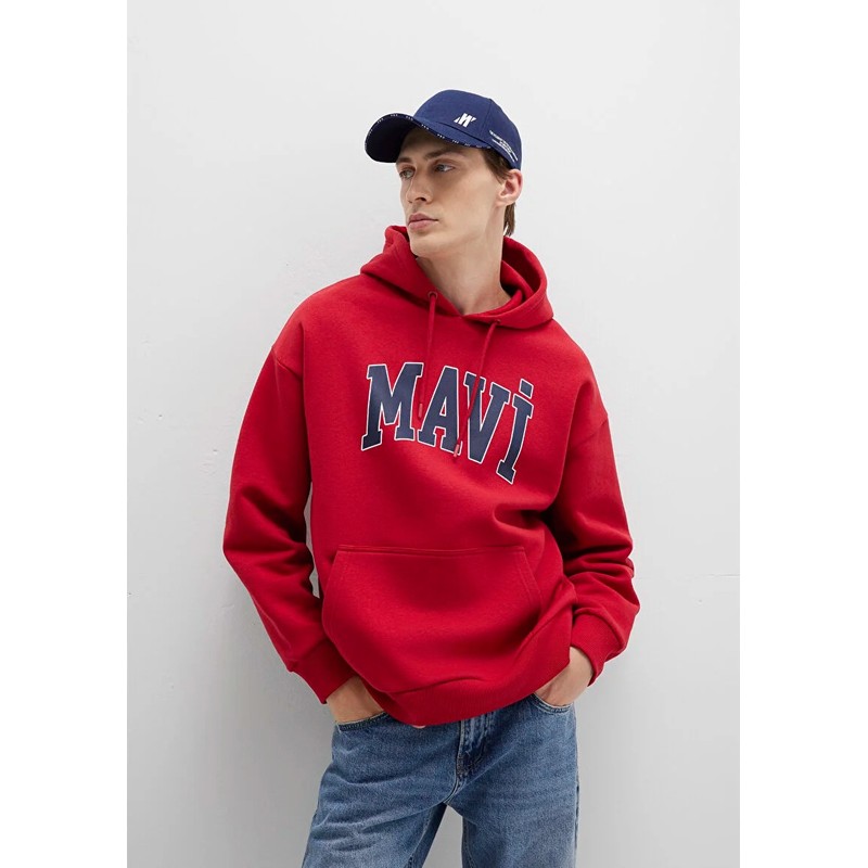 Mavi Logo Baskılı Kapüşonlu Erkek Sweatshirt (M067149-70464) Kırmızı