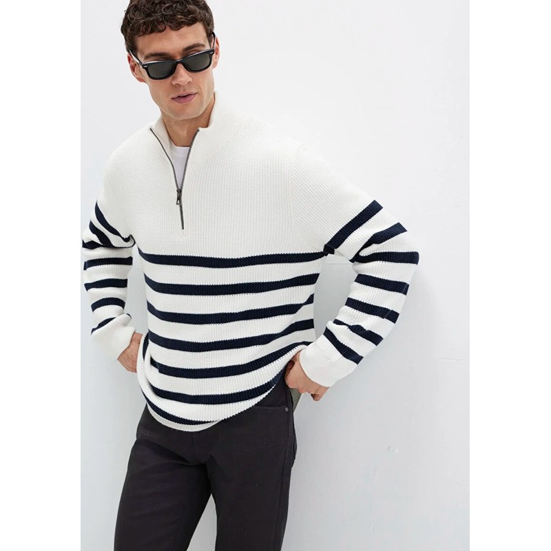 Mavi Çizgili Fermuarlı Erkek Kazak (M0710131-70057) Beyaz