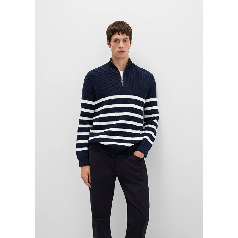 Mavi Yarı Fermuarlı Çizgili Erkek Kazak (M0710131-70490) Lacivert