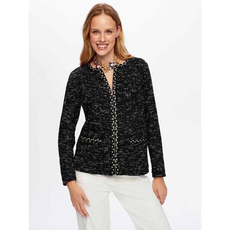 Faik Sönmez Saçaklı Şerit Detaylı Örme Melanjlı Kadın Ceket UW26CKT016 (UW26CKT016) Siyah