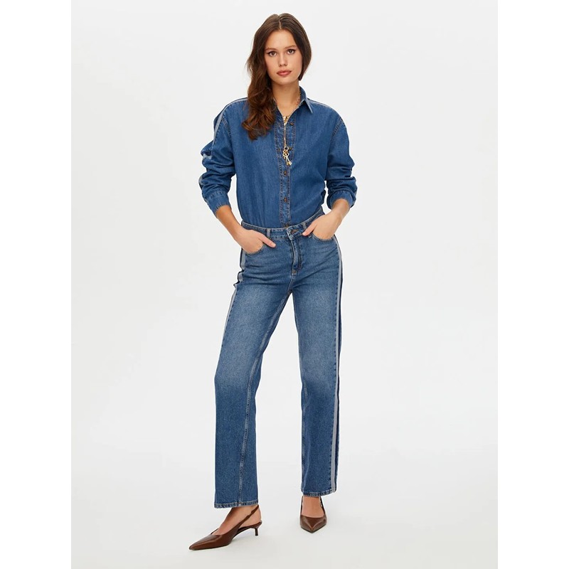 Faik Sönmez Kontrast Bant Detaylı Wide Leg Fıt Kadın Jean Pantolon W26JPN004 (UW26JPN004) İndigo