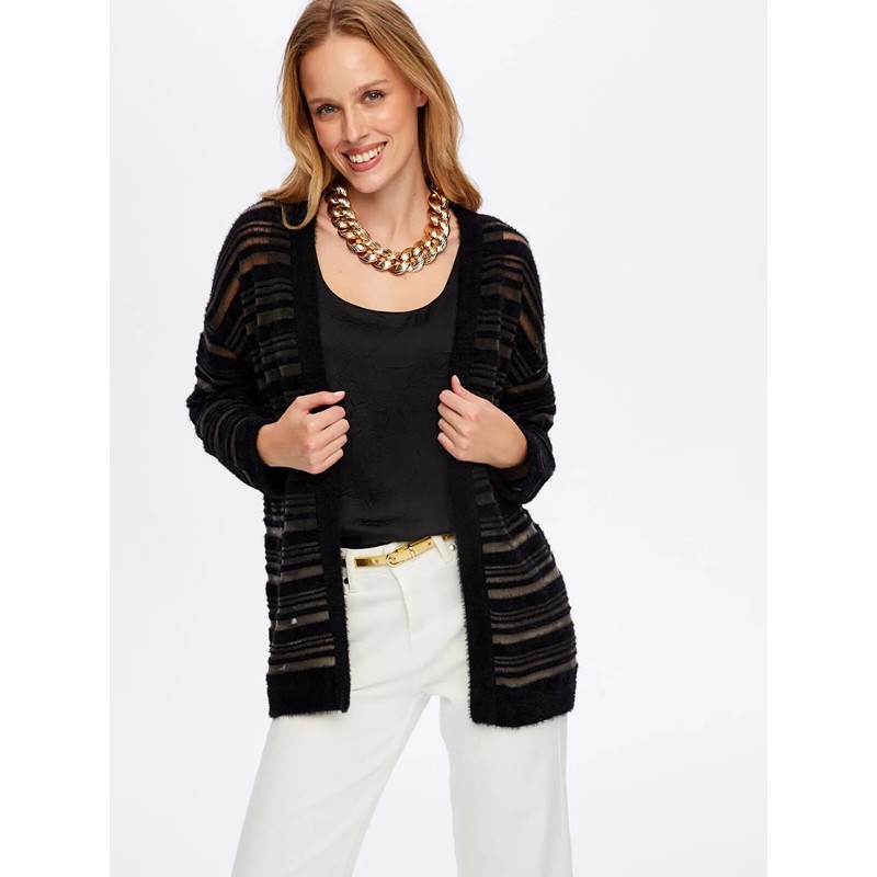 Faik Sönmez Transparan Detaylı Kadın Triko Hırka W26TRH004 (UW26TRH004) Siyah