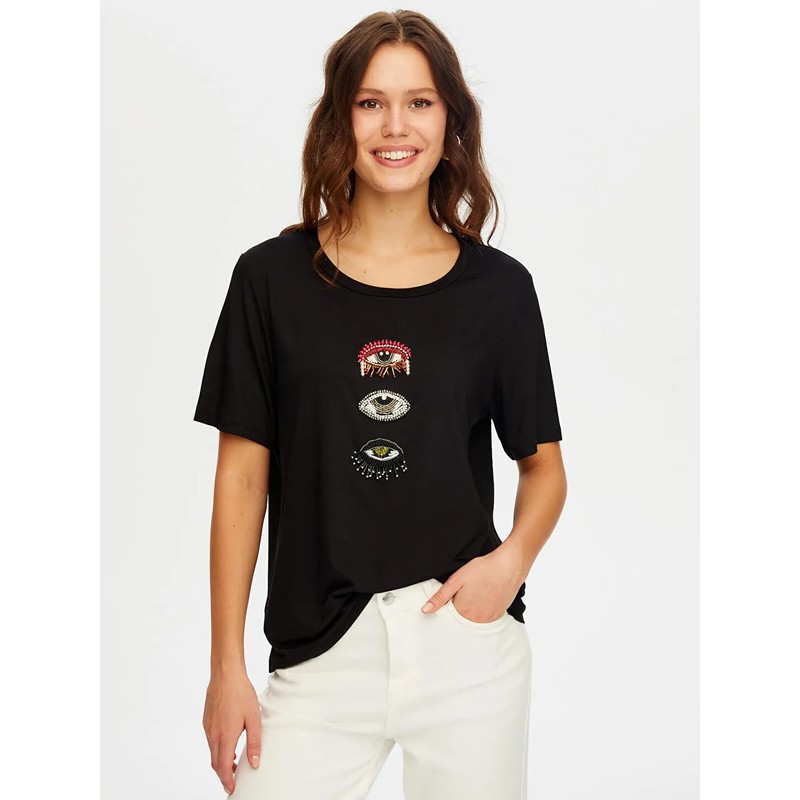 Faik Sönmez Göz Patch Detaylı Yuvarlak Yaka Kadın T-Shirt W26TSH067 (UW26TSH067) Siyah