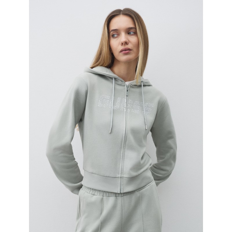 Guess Logolu Yapay Elmas Taşlı Kapüşonlu Kadın Sweatshirt V5GQ10KCRP0 (V5GQ10KCRP0) Su Yeşili