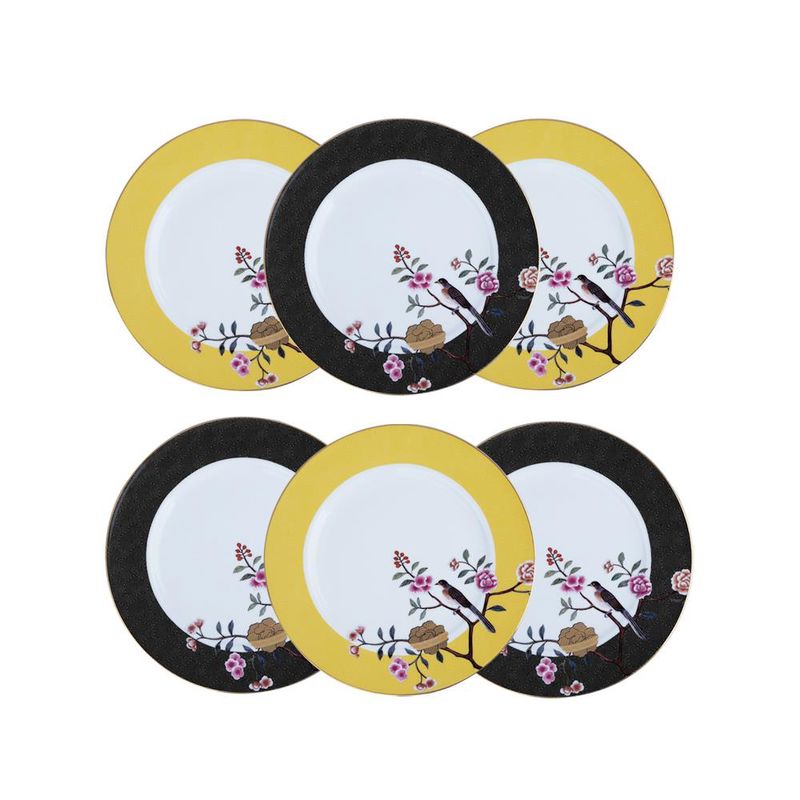 Lucky Art Lucile Siyah Sarı Kuş Desenli 6'lı Porselen Servis Tabağı Seti 28cm LYWY 008 