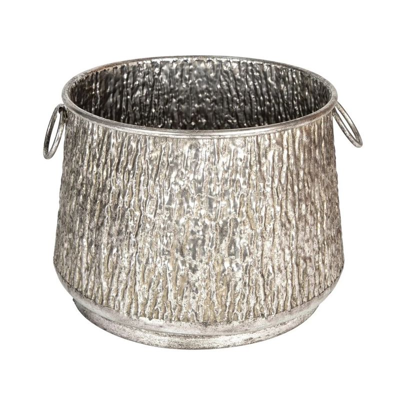 Euroflora HDYEN03848 Kabartma Desenli Kulplu Metal Kazan Saksı Gümüş Eskitme 39,5x29cm 